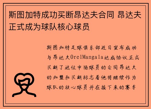 斯图加特成功买断昂达夫合同 昂达夫正式成为球队核心球员