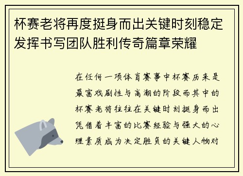 杯赛老将再度挺身而出关键时刻稳定发挥书写团队胜利传奇篇章荣耀